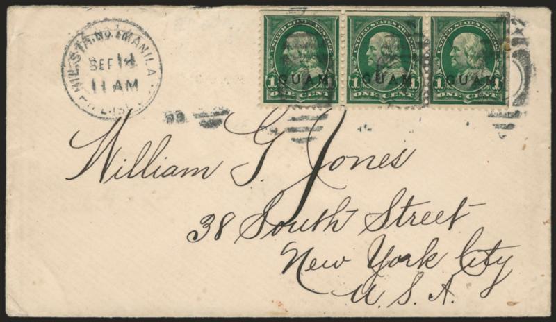 1899, 1c Deep Green (1).> Strip of three with s.e., tiny flaw at right, tied by grids and <Mil Sta. No. 1 Manila Phil. Islds.> circular datestamp on cover to New York City, receiving backstamp, apparently one
stamp missing, otherwise Fine