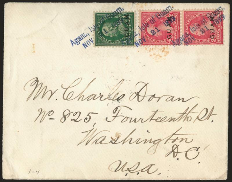 1899, 1c Deep Green, 2c Rose Carmine, First Printing (1, 2a).> 1c single and 2c pair, tied by blue Agana, Isle of GuamNov. 21, 1899 straightline datestamp on cover to Washington D.C., part Mil. Sta. (No. 1
Manila) and Washington D.C. backstamps, f