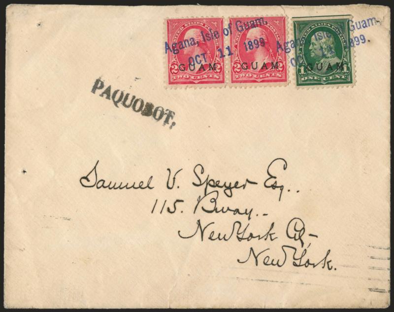 1899, 1c Deep green, 2c Rose Carmine, First Printing (1, 2a).> 2c pair, 1c s.e., tied by blue Agana, Isle of GuamOct. 11, 1899 straightline datestamp on cover to New York City, <bold Paquobot. handstamp applied
at San Francisco,> Very Fine