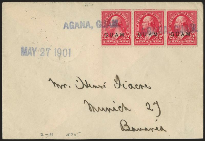 1899, 1c Deep Green, 2c Red, 3c Purple (1-3).> 1c faulty bottom left corner, tied by blue Agana, Guam straightline with tilde above N of Agana, magenta Apr. 10, 1900 date handstamp to the left on cover to
Mass., scarce and attractive despite th