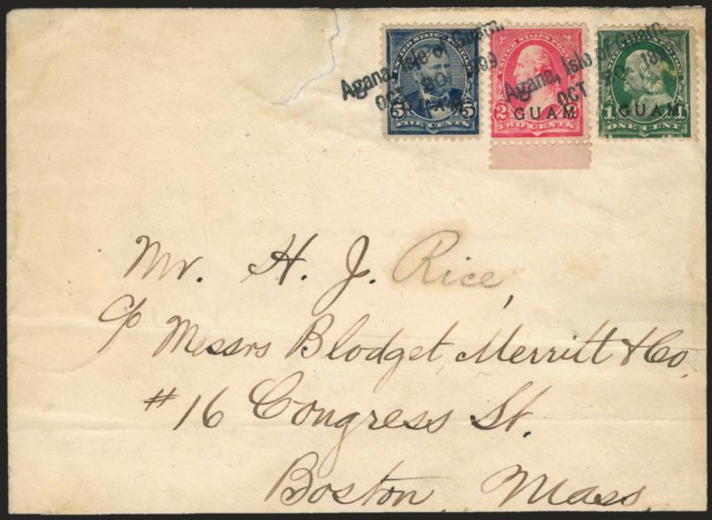 1899, 1c Deep Green, 2c Red, 5c Blue, First Printing (1, 2, 5).> Tied by Agana, Isle Of Guam Oct. 20 1899 straightline datestamp on cover to Boston, backstamped Mil. Sta. No 1 Manila, Phil. Islds. Oct. 27, 1899
and Boston transits, 1c small scuff
