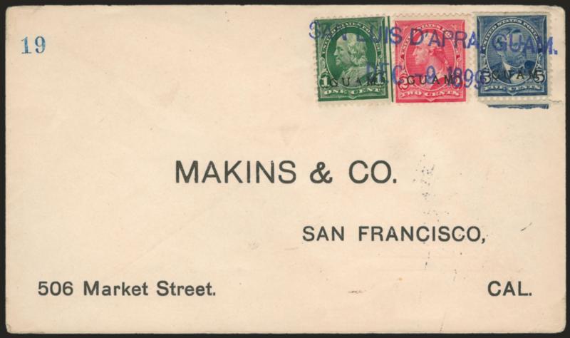 1899, 1c Deep Green, 2c Rose Carmine, 5c Blue, First Printing (1, 2a, 5).> 1c s.e., 5c top perfs trimmed, tied by blue San Luis D Apra, Guam Dec-9 1899 two-line datestamp on Makins & Co. San Francisco printed
address cover, Mil. Sta. 1 Manila and