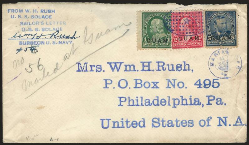 1899, 1c Deep Green, 2c Rose Carmine, 5c Blue, First Printing (1, 2a, 5).> All tied by bold <blue Ovals of Tiny Squares with Star in Center Spanish cancel> on cover with large blue Philadelphia handstamp
address , matching <tiny Marianas Set 11 cir