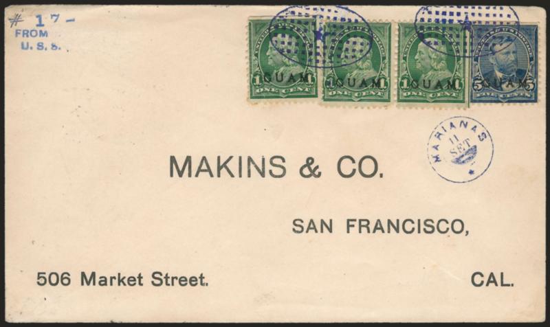 1899, 1c Deep Green, 5c Blue (1, 5).> Three of the 1c, all tied by bold <blue Ovals of Tiny Squares with Star in Center Spanish cancels> on San Francisco printed address cover, matching <tiny Marianas Set 11
circular datestamp,> this is cover no. 1