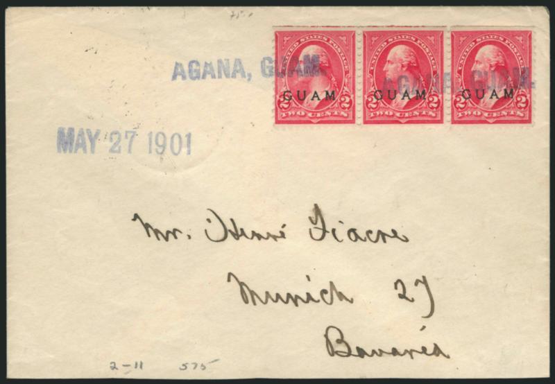 1899, 2c Red (2).> Strip of three, s.e. at top, tied by blue Agana, Guam straightline with matching May 27, 1901 date handstamp to left, <last month of use> on neat cover to Germany, several backstamps, Very
Fine