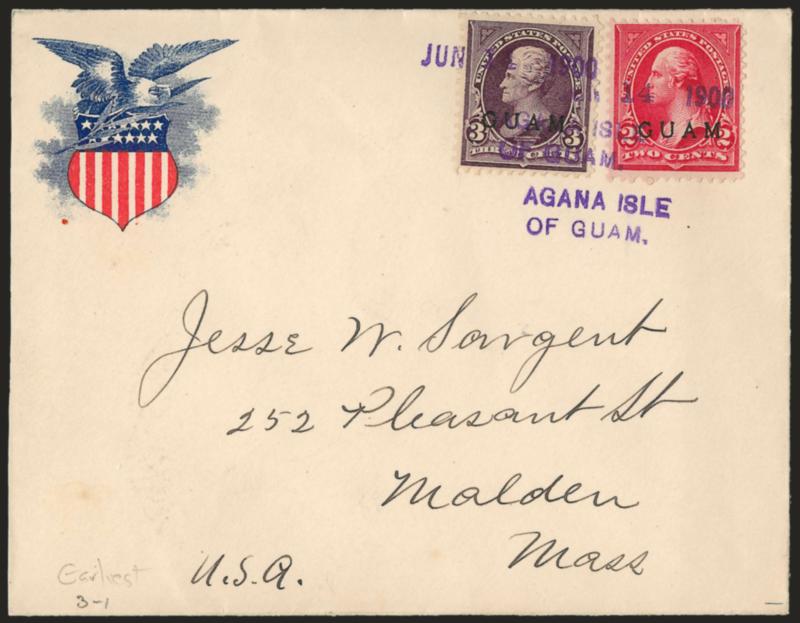 1899, 2c Red, 3c Purple (2-3).> Bright colors, tied by purple Agana, Isle Of Guam. and Jun. 14, 1900 straightlines on cover to Mass. with pretty red and blue <Patriotic Eagle and Shield corner card,> Mil. Sta.
No. 1 Manila and BostonMalden backs