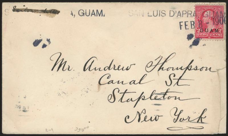 1899, 2c Rose Carmine (2a).> Minor faults, tied by San Luis d Apra, Guam straightline with Feb 8- 1900 datestamp beneath, stamp appears to also be cancelled by a small part of the so-called Bears Paw cork
killer on cover to Stapleton N.Y., m