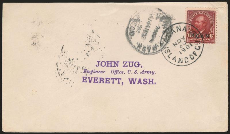 1899, 6c Lake, 10c Brown, Ty. I (6, 8).> Three Zug correspondence covers, single frankings, 6c tied by Agana Island Of Guam Nov. 30, 1901 circular datestamp, one 10c same circular datestamp May 22, 1902, other
10c tied by Guam Isl. Guam Jun. 12, 1