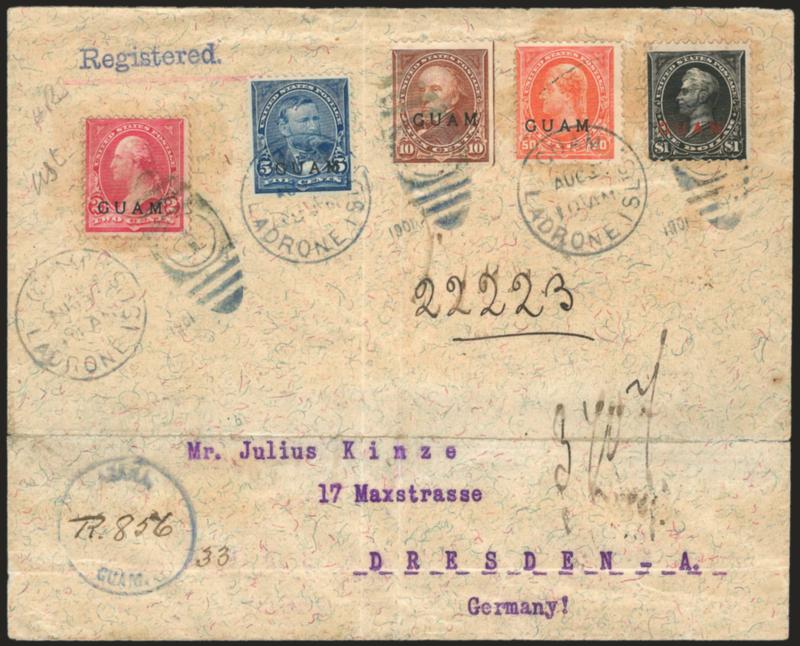 1899, 50c Orange, $1.00 Black, Ty. I (11-12).> Used with 2c Rose Carmine, 5c Blue and 10c Brown, Ty. I (2, 5, 8), latter natural s.e., tied by Ladrone Isls. Guam, Aug. 27 10AM 1901 duplex cancels on registered
cover <to Dresden, Germany,> neat Ag