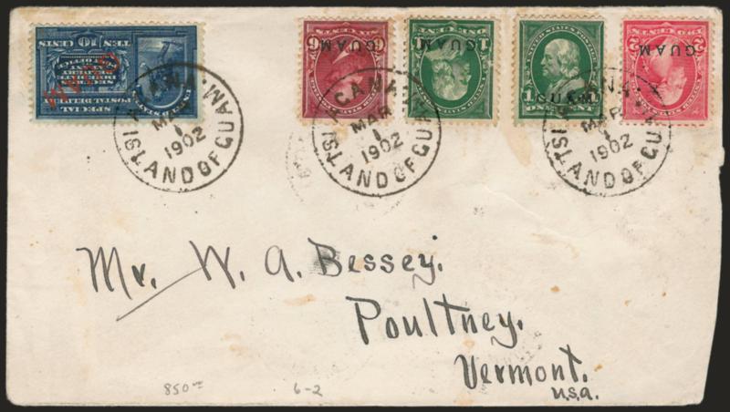 1899, 1c-10c Ovpts. (1, 2a, 6, E1).> On cover tied by Agana Island Of Guam Mar. 1, 1902 circular datestamps to Poultney Vt., N.Y. & Chi. R.P.O. May 14 1902 backstamp, some toning around couple of stamps from
adhesive used to affix stamps, cover a