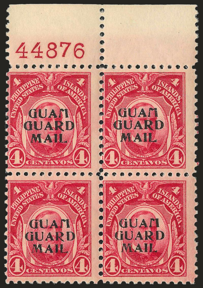 1930, 4c Carmine, Guard Mail (M2).> Block of four with top plate no. 44876 selvage, faintly hinged, nearly Fine