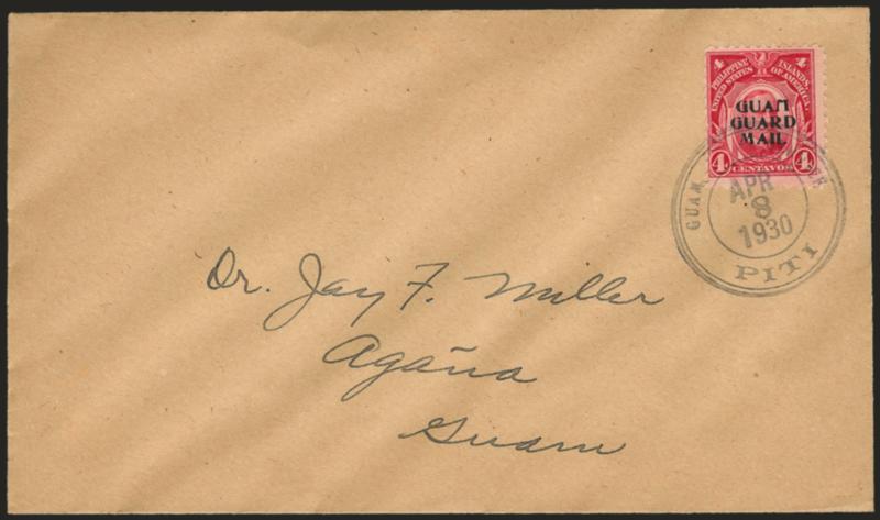 1930, 4c Carmine, Guard Mail (M2).> Tied by Guam Service Piti Apr. 8, 1903 <First Day> double-circle datestamp on buff Dr. Muller cover, Fine, Piti is a scarce First Day post office, Scott Retail for ordinary
single usage