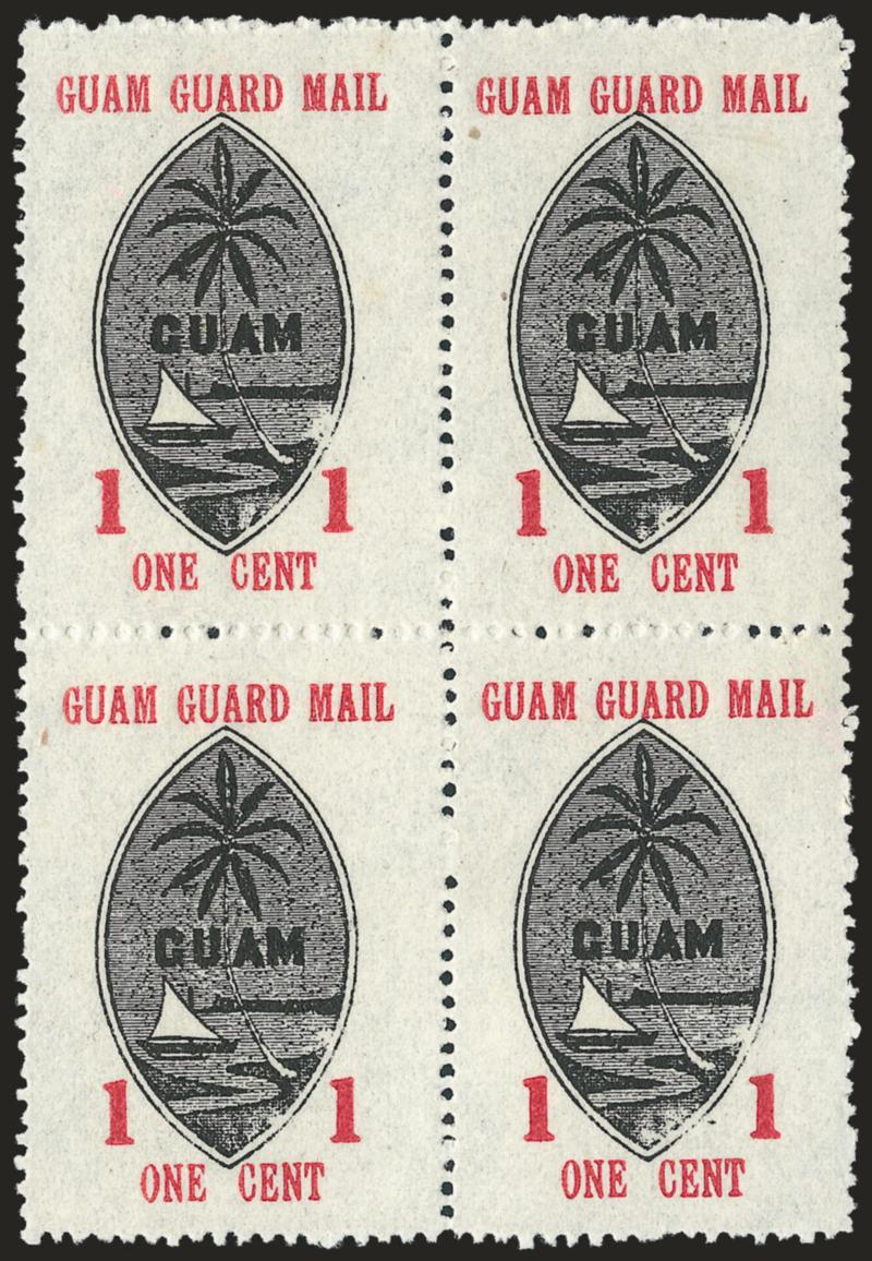 1930, 1c Red & Black (M3).> Block of four, without gum as issued, <perforated on all sides>, Very Fine, supposedly there are only 40 perforated all around blocks possible from the entire printing