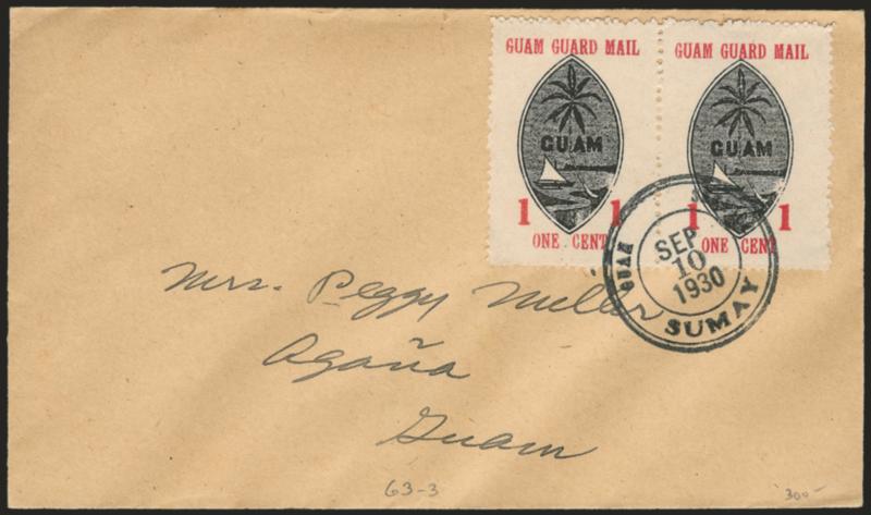 1930, 1c Red & Black (M3).> Horizontal pair, tied by Guam Service Sumay Sep. 10, 1930 double-circle datestamp on buff Peggy Muller cover, Extremely Fine, the number of fully perforated pairs of the 1c from the
40 sheets of 25 printed (1,000 stamps)
