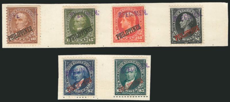 1899, 1c-$5.00 Ovpts., Natal UPU Overseas Specimen Ovpts. (213S var-223S var, 224S var-225S var, E1S var, J1S var-J7S var).> On pieces cut from the Natal Post Office archive books<><>^FINE-VERY FINE. RARE AND
ALMOST CERTAINLY UNIQUE.^<><>Stamps