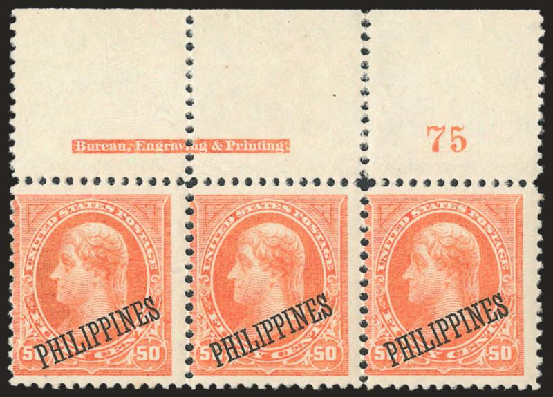 1899, 50c Orange (212).> Wide top imprint and plate no. 75 strip of three, tropical original gum, Very Good