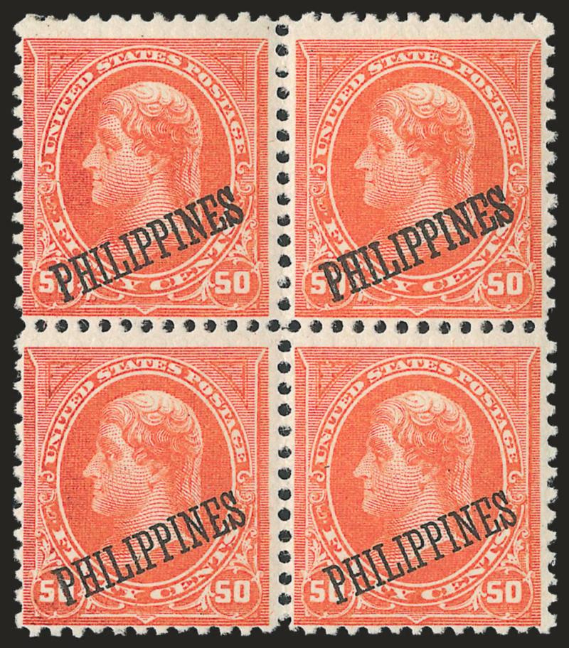 1899, 50c Orange (212).> Mint N.H. block of four, <top right stamp damaged font variety> showing spaces within the vertical bars of PHI, previously considered a counterfeit, this variety is surrounded by three
stamps with the normal fine overprint,