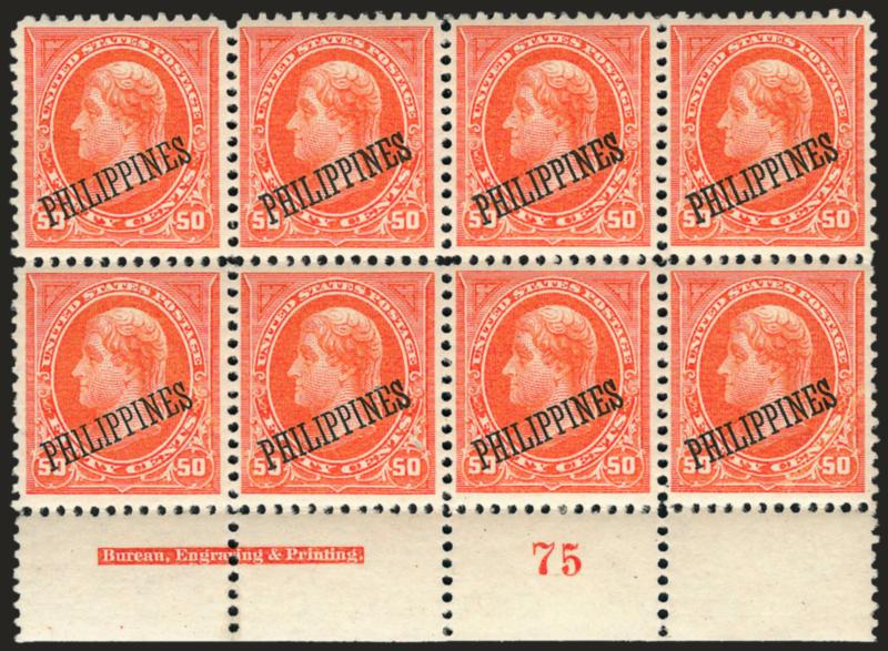 1899, 50c Orange (212).> Bottom imprint and plate no. 75 block of eight, barely hinged with <three stamps Mint N.H.,> radiant color as fresh as the day it was printed, gorgeous centering
throughout<><>^EXTREMELY FINE. A MAGNIFICENT PLATE BLOCK OF T