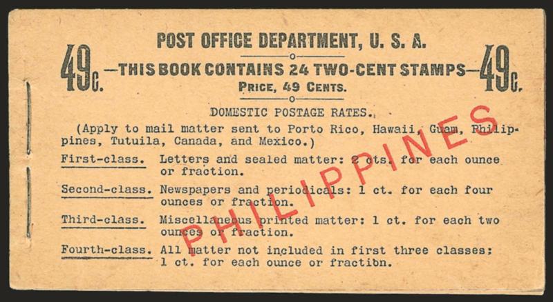 1900, 2c Carmine, Booklet Pane of Six (214b).> Complete unexploded 49c booklet of four panes [BK8-BC2b-BIA 1-c-1(1)], Mint N.H., pos. A with red 50mm overprint, light crease back cover<><>^FINE-VERY FINE. A
VERY RARE BOOKLET.^<><>Also incl. cover