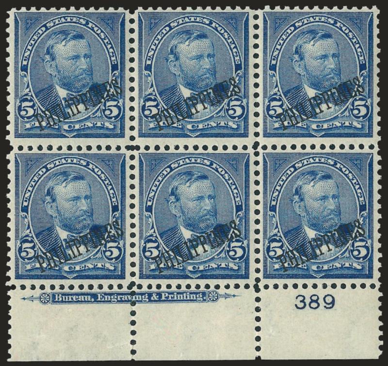 1899, 5c Blue (216).> Bottom imprint and plate no. 389 block of six, stamps Mint N.H., fresh and Fine-Very Fine