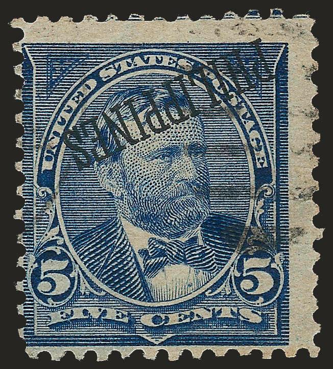1899, 5c Blue, Inverted Ovpt. (216a).> Centered to left as are all known examples, rich color, unobtrusive grid cancel, tiny flaws of little consequence<><>^FINE. A RARE EXAMPLE OF THE 1899 5-CENT PHILIPPINES
WITH INVERTED OVERPRINT. ONLY FIVE ARE