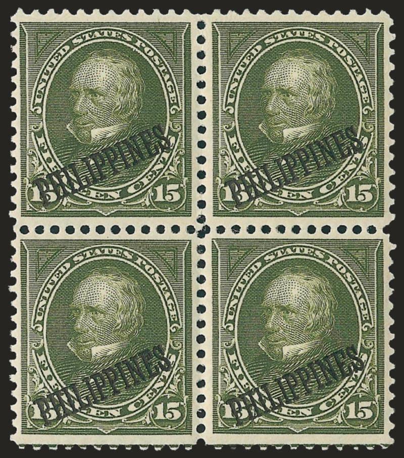 1899, 15c Olive Green (218).> Block of four, extraordinarily well-centered, faintly hinged, wonderful strong color, Extremely Fine