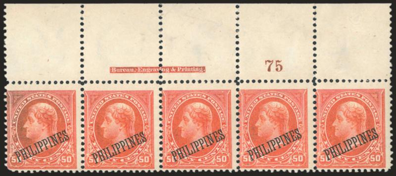 1899, 50c Orange (219).> Wide top imprint and plate no. 75 strip of five, hinge reinforcements, left stamp (not in imprint and plate no. strip), rounded corner, Very Good