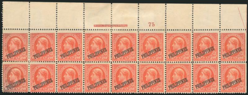 1899, 50c Orange (219).> Top imprint and plate no. 75 block of 18 with part arrow at right, dried tropicalized original gum, h.r., radiant color with two stamps at left showing some oxidation, few perf
separations sensibly reinforced<><>^FINE. A