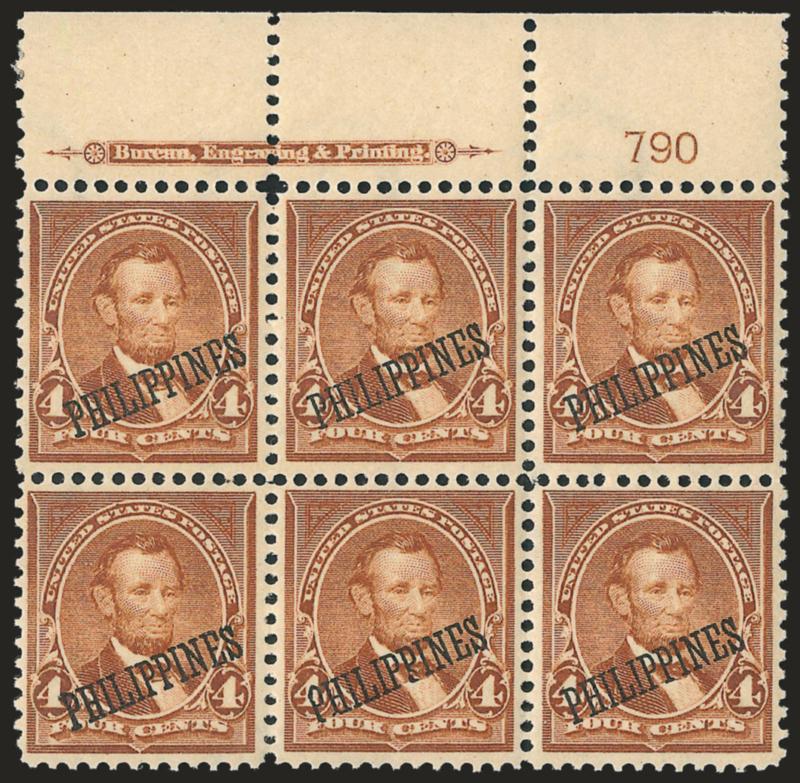 1901, 4c Orange Brown (220).> Top imprint and plate no. 790 block of six, slight tropical original gum, exceptionally well-centered, Very Fine-Extremely Fine, with copy of 1982 letter from Joe Napp, recognized
authority on Philippines overprints wher