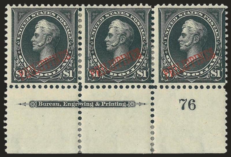 1901, $1.00 Black, Ty. I (223).> Bottom imprint and plate no. 76 strip of three, h.r., right stamp small mild hinge thin, Fine appearance, scarce