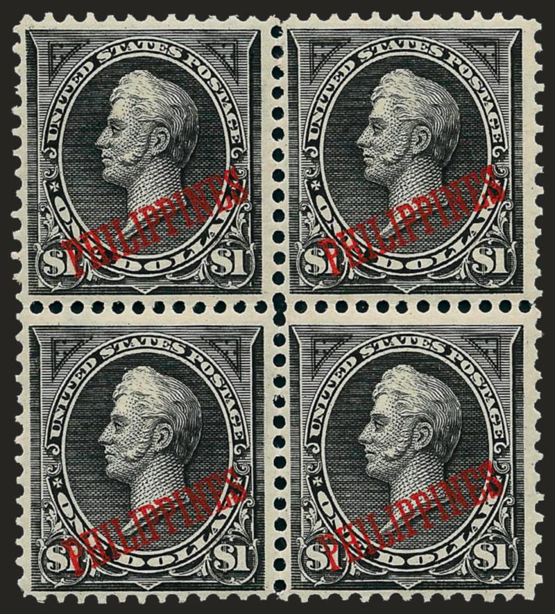 1901, $1.00 Black, Ty. I-II Combination (223-223A).> Block of four, left stamps Ty. I, right stamps Ty. II, part tropicalized original gum, intense shade and impression on bright paper, few tiny perf
separations expertly reinforced<><>^VERY FINE. A