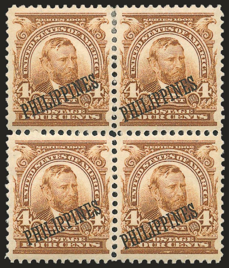 1907, 4c Orange Brown, Bureau of Insular Affairs Special Printing (229SP).> Block of four, top pair h.r., bottom pair faintly hinged, brilliant color, choice centering throughout, faint natural gum wrinkle
affects left stamps (not mentioned on accomp