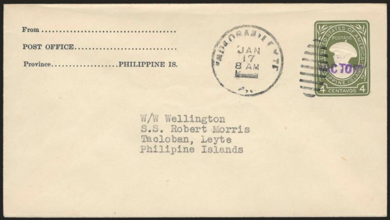 1944, 2c Carmine, 4c Olive Green entires, Victory Ovpts. (U43, U45).> Unused and used, each with part-printed return address, the unused 2c with printed Money Order, Giro Postal at bottom left, the used
cancelled by Tacloban, Leyte Jan. 17 dupl