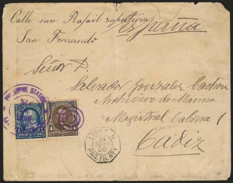 Philippine Station, San Francisco, Cal. Sep. 14, 1898.> Purple duplex datestamp and target cancel ties U.S. 1c Blue and 4c Dark Brown Nos. 264, 269 on cover <to Cadiz, Spain,> French packet boat handstamp
bottom center, Hong Kong and Cadiz backstamp