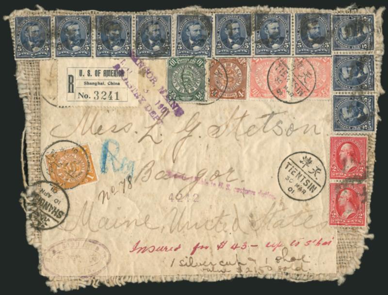 5c Dark Blue (281).> Eleven, eight originally forming horizontal strip with natural s.e. at bottom, used with 2c Red, Ty. IV (279B), vertical pair, also <used with Chinese Imperial Post 1c, 4c, two 5c and 10c
stamps> tied by <Tientsin 30 Mar. 1901>