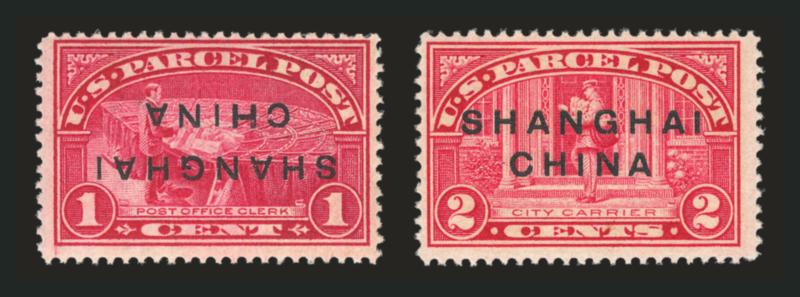 1c-2c Parcel Post, Darrah Ty. III Overprint (Q1 var, Q2 var, Q8 var).> Incl. two of 1c (one normal and natural s.e. at left and one with <inverted overprint>), tropicalized original gum, bright colors, typical
centering for these issues, Fine, scarce