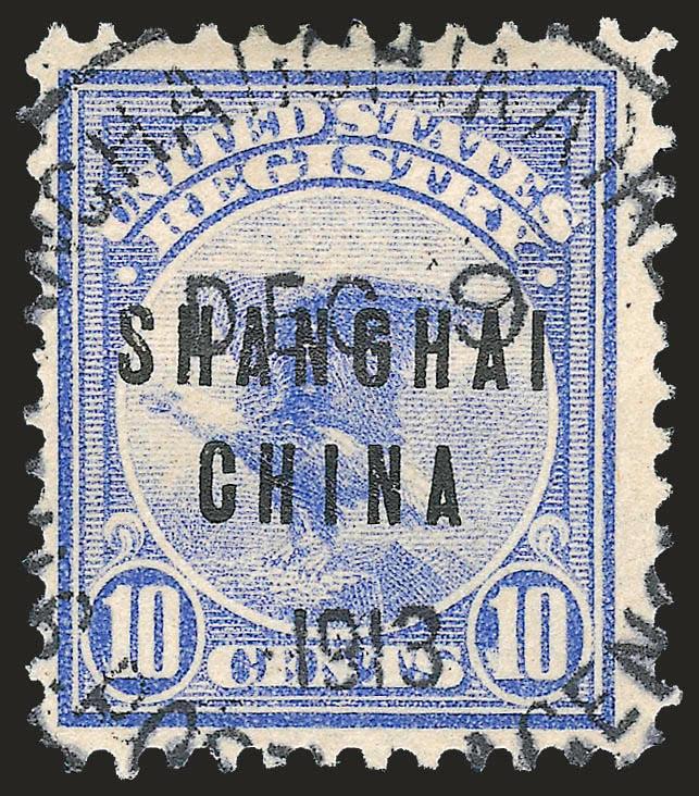 10c Ultramarine, Registration, Darrah Ty. II Overprint (F1 var).> Bright color, neat strike of U.S. Postal Agency, Shanghai, China, Recd, Dec. 9, 1913 circular datestamp, fresh and Fine, ex Drucker