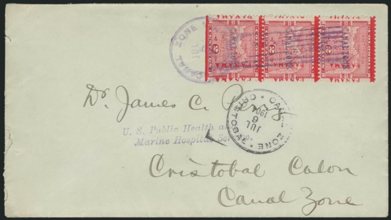 1904, 2c Rose (1).> Vertical strip of three, Positions 718191, bottom stamp with Panama 16mm long, tied by purple Canal Zone, Ancon, Jul. 5, 1904 double-line datestamp and bars cancel on Perry cover, slight
edgewear, Very Fine, with 1969 A.P.S.
