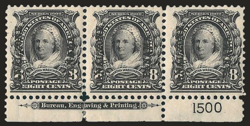 1904, 8c Violet Black (7).> Bottom imprint and plate no. 1500 strip of three, intense shade and impression, few natural gum creases, Fine