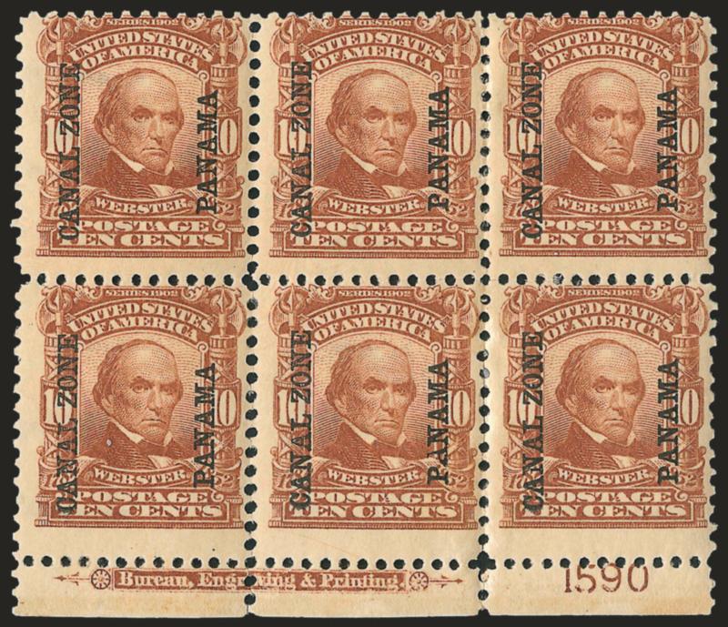 1904, 10c Pale Red Brown (8).> Bottom imprint and plate no. 1590 block of six, some perf rejoining, Very Good-Fine