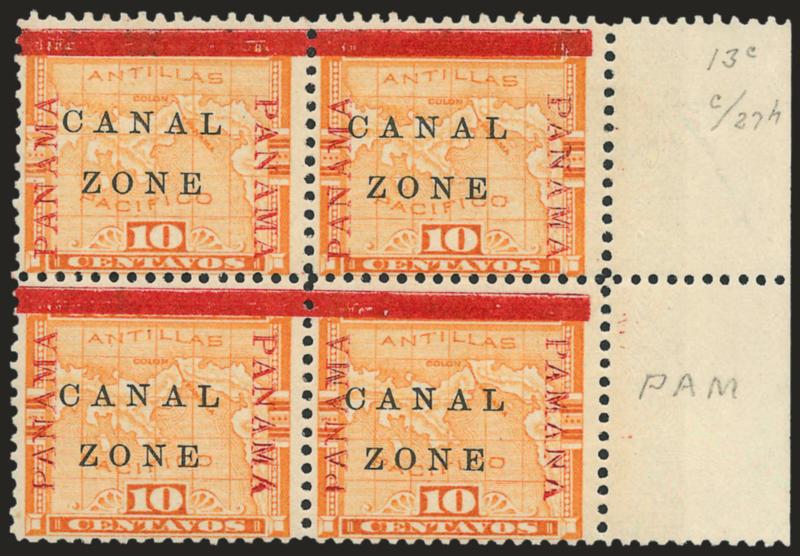 1904, 10c Yellow, Pamana Reading Down (13, 13 var).> Block of four with right selvage, bottom right stamp the error, Mint N.H. but tropical original gum, bright color, Fine, only 200 printed
