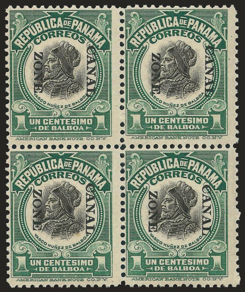 1921, 1c Light Green & Black, Ovpt. Reading Down (55a).> Mint N.H. block of four, Fine, Scott Retail as four hinged singles
