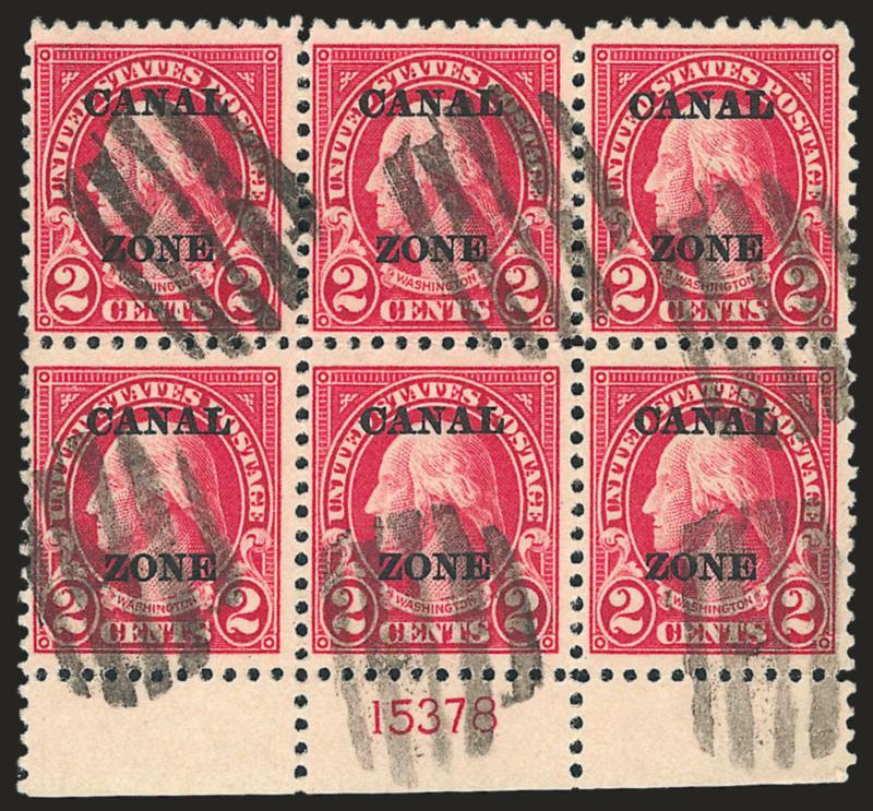 1924, 2c Carmine (73).> Bottom plate no. 15378 block of six, rich color, bold strikes of grid cancels, Very Fine, scarce used plate block, unlisted as used in Scott