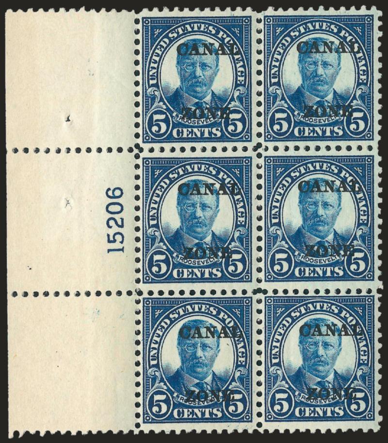 1924, 5c Dark Blue, Ty. A Ovpt. (74).> Mint N.H. wide left plate no. 15206 block of six, light bend and wrinkle, Fine-Very Fine
