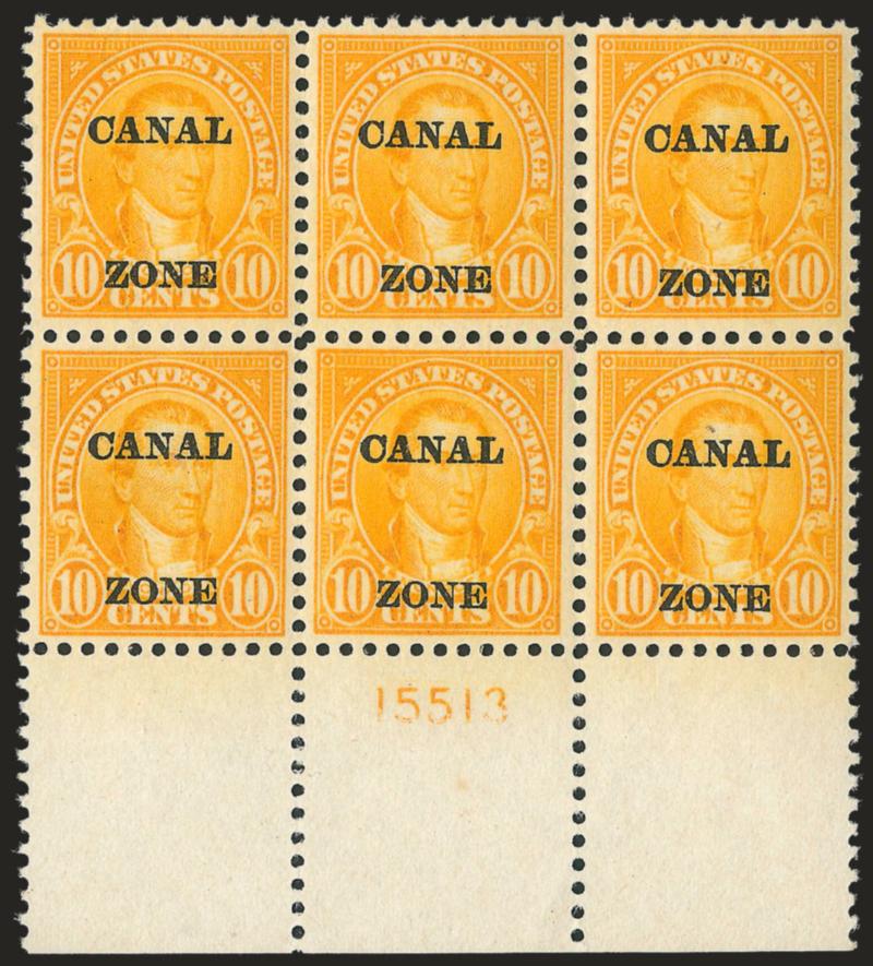 1924, 10c Orange, Ty. A Ovpt. (75).> Wide bottom plate no. 15513 block of six, two stamps slightest disturbance from interleaving adherence, incredibly well-centered, Extremely Fine