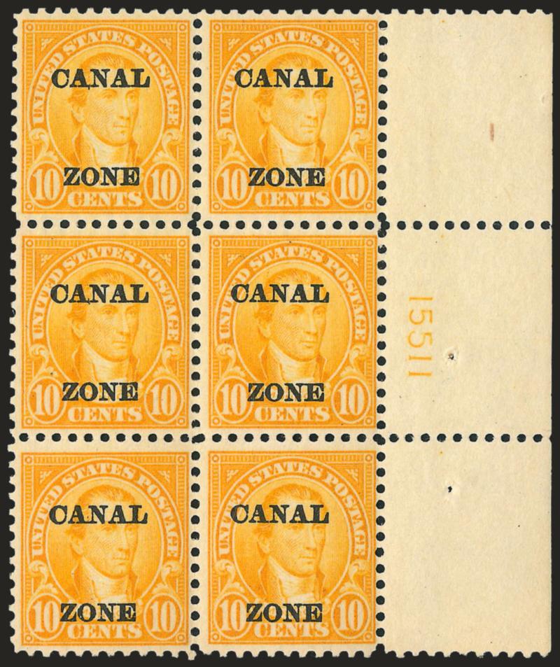 1924, 10c Orange, Ty. A Ovpt. (75).> Wide right plate no. 15511 block of six, minor disturbance from interleaving adherence, Fine