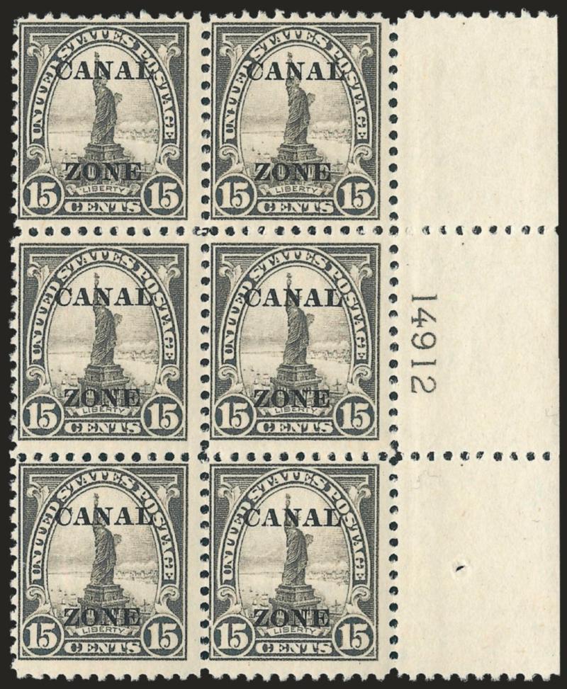 1924, 15c Gray, Ty. A Ovpt. (78).> Wide left plate no. 14912 block of six, lightly hinged, Fine