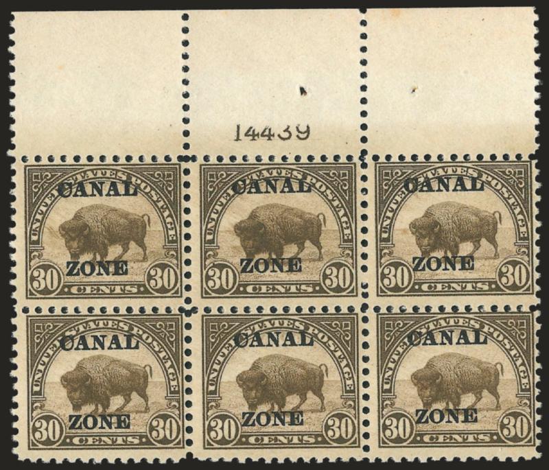 1924, 30c Olive Brown, Ty. A Ovpt. (79).> Mint N.H. wide top plate no. 14439 block of six, almost imperceptible gum tackiness from interleaving, Fine, Scott Retail as hinged