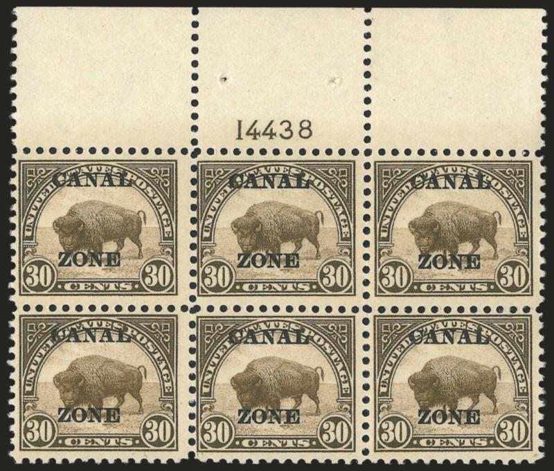 1924, 30c Olive Brown, Ty. A Ovpt. (79).> Mint N.H. wide top plate no. 14438 block of six, almost imperceptible gum tackiness from interleaving, Fine, Scott Retail as hinged