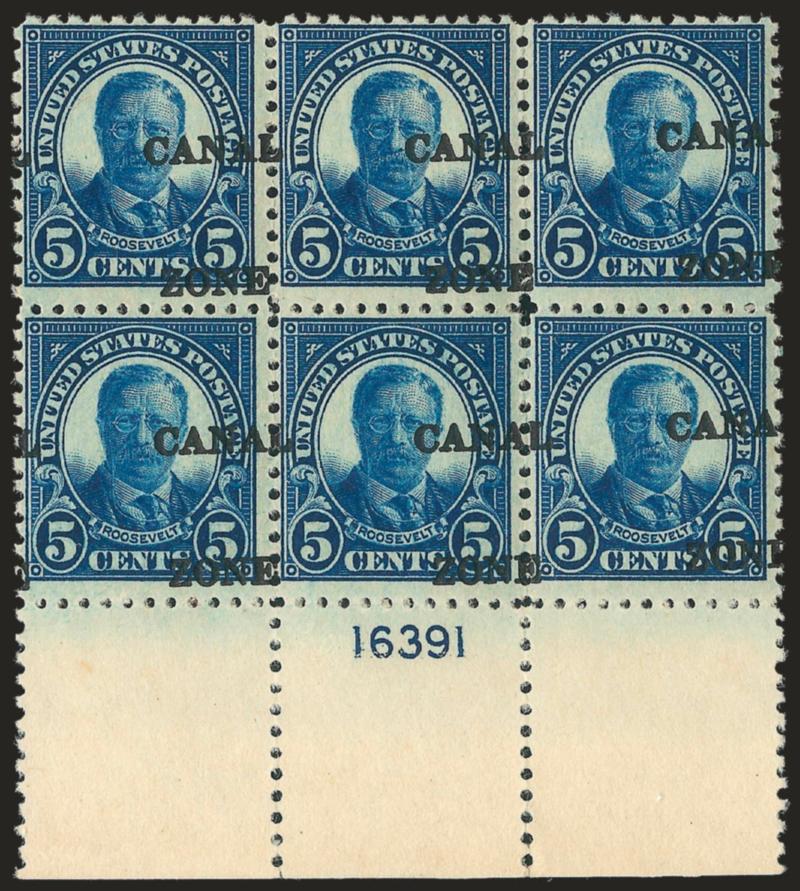 1925, 5c Dark Blue, Ty. B Ovpt. (86).> Wide bottom plate no. 16391 block of six, lightly hinged, <overprint slanted and shifted right,> Fine, it has been speculated that his plate block came from a partial Zone
Canal sheet, in any event, most unu